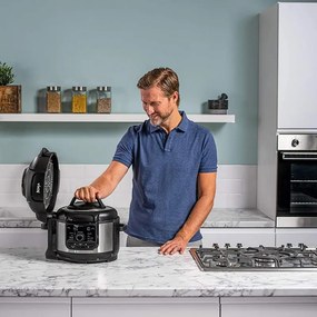 Multicooker sub presiune Ninja Foodi OP350FR, 1400 W, 6 Л, 9 programe, 40-200°C, TenderCrisp®, Acoperire ceramica, Mentinerea caldurii, Pui întreg, Negru/inoxidabil
