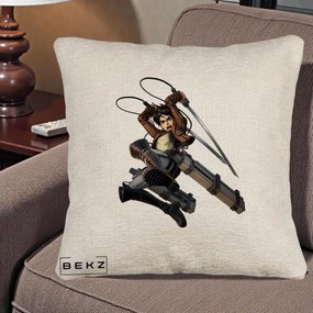 Perna Personalizata Attack on Titan Eren Yeager Lupta, 40x40 cm, Bej Canapea, Husa Detasabila, Perna Inclusa, BEKZ®