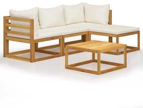 Set mobilier gradina cu perne, 5 piese, lemn masiv acacia Crem, 2x colt + mijloc + suport pentru picioare + masa, 1