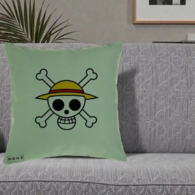 Perna Personalizata One Piece Jolly Roger Straw Hat Pirates, 40x40 cm, Verde, Husa Detasabila, Perna Inclusa, BEKZ®