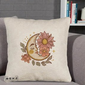 Perna Personalizata Luna Boho Chip Floral, 40x40 cm, Bej Canapea, Husa Detasabila, Perna Inclusa, BEKZ®