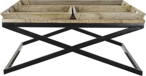 Măsuță de cafea pătrată din lemn și metal, natur și negru, cu 3 tăvi detașabile și bază în X, 55 x 120 x 120 cm, „Traywood” – Ethnic Collections