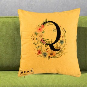 Cadou Personalizat - Perna Personalizata Monogram Litera Q cu Flori Acuarela, 40x40 cm, Galben, Husa Detasabila, Perna Inclusa, BEKZ®