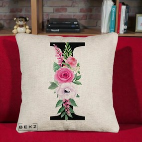 Cadou Personalizat - Perna Personalizata Monograma Florala Litera I, 40x40 cm, Bej Canapea, Husa Detasabila, Perna Inclusa, BEKZ®