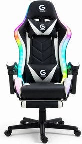 Scaun gaming, sistem iluminare bandă LED RGB, masaj în perna lombară, suport picioare, Negru/Alb
