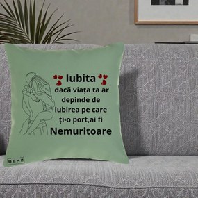 Cadou pentru Iubita - Perna Personalizata Iubita Nemuritoare cu Cuplu Line-Art si Inimi Rosii, 40x40 cm, Verde, Husa Detasabila, Perna Inclusa, BEKZ®