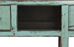 Consolă hol vintage din lemn de ulm, turcoaz, cu 2 sertare, 2 uși și zăvor din lemn, 88 x 170 x 49 cm, „Azure”