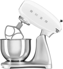 Mixer planetar Smeg SMF04WHEU, 800 W, 4,8 l, 10 viteze, funcție de pornire treptată, picioare antiderapante, alb/inoxidabil