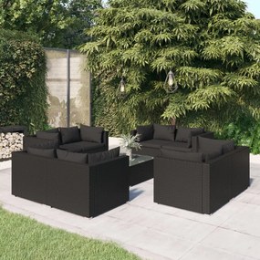 Set mobilier de gradina cu perne, 9 piese, negru, poliratan Negru, 8x colt + masa, 1