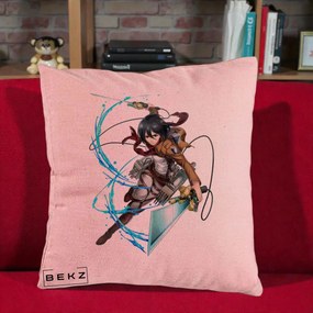 Perna Personalizata Attack on Titan Mikasa Ackerman Lupta, 40x40 cm, Roz, Husa Detasabila, Perna Inclusa, BEKZ®