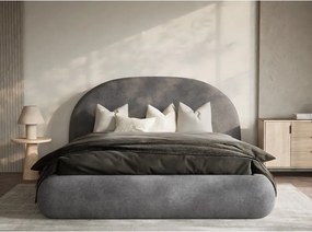 Pat matrimonial gri tapițat cu spațiu de depozitare cu somieră 180x200 cm Maumere – Maison de Rêve