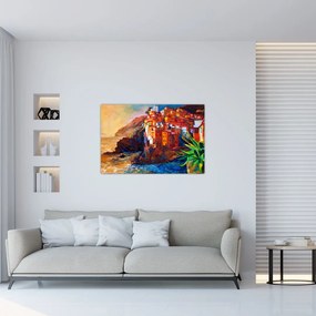 Tablou - Satul de coastă Cinque Terre, Riviera italiană, impresionismul modern (90x60 cm)