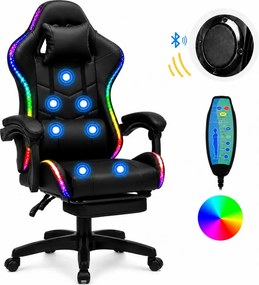 SONICSTRIKE RGB PU– Scaun Gaming cu Masaj în 7 Puncte, Boxe Bluetooth Integrate, Sistem iluminare banda LED RGB, Suport Extensibil pentru Picioare, Piele PU, Negru