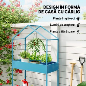 Outsunny Suport Ghivece pe 2 Niveluri din Metal în Formă de Casă, Raft pentru Plante cu Cârlig pentru Interior și Exterior, 75x35x150 cm, Verde Albastru | Aosom Romania