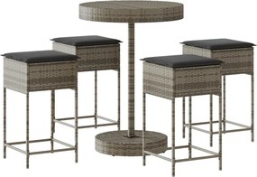vidaXL Set mobilier bar de grădină, cu perne, 5 piese, gri, poliratan