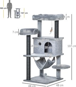 PawHut Arbore Răzuitoare pentru Pisici 48x48x107 cm Turn pentru Pisici cu Cavernă de Fetru Demontabilă Hamacă Paturi Platforme Gri | Aosom Romania