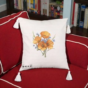 Perna Decorativa Maci Portocalii cu Floricele Albastre, 40x40 cm, Bej cu Franjuri, Husa Detasabila, Perna Inclusa, BEKZ®