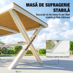 Outsunny Set Masă și Scaune de Grădină 7 Piese, Set Prânz Exterior din Aluminiu cu 6 Scaune Stivuibile, Masă cu Șipci Imitatie Lemn, pentru Terasă, Balcon, Patio, Teak | Aosom Romania