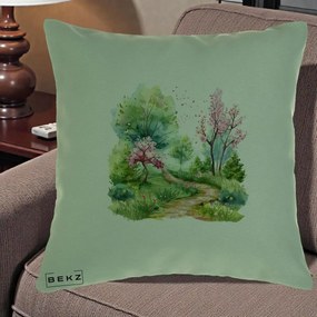 Perna Decorativa Gradina Primavara Acuarela, 40x40 cm, Verde, Husa Detasabila, Perna Inclusa, BEKZ®