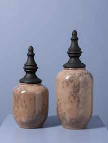 Borcan decorativ din ceramică artizanală roz cu capac negru sculptat, formă ovală, finisaj lucios, 46.5×18 cm, „Rosaire"