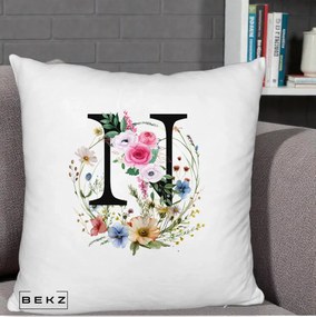 Cadou Personalizat - Perna Personalizata Monogram Litera N cu Flori Acuarela, 40x40 cm, Alb Pufos, Husa Detasabila, Perna Inclusa, BEKZ®