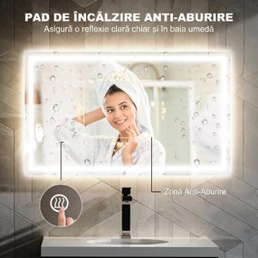 HOMCOM Oglindă de Baie Iluminată cu Lumini LED Reglabile și Strat Anti-Condens, 100x60 cm, Transparent | Aosom Romania