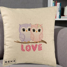Perna Decorativa Love Bufnite Indragostite pe Crenguta Roz si Mov, 40x40 cm, Bej, Husa Detasabila, Perna Inclusa, BEKZ®