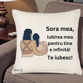 Cadou pentru Sora - Perna Personalizata Sora Mea Te Iubesc Doua Fete Fashioniste Line Art, 40x40 cm, Crem Reliefat, Husa Detasabila, Perna Inclusa, BEKZ®