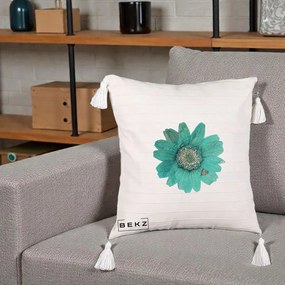 Perna Decorativa Floare Gerbera Teal Acuarela, 40x40 cm, Bej cu Franjuri, Husa Detasabila, Perna Inclusa, BEKZ®