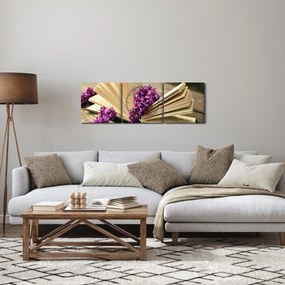 Tablou cu carte și floare violetă (cu ceas) (90x30 cm)