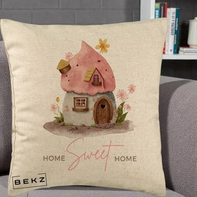 Perna Decorativa Home Sweet Home Casuta, 40x40 cm, Bej, Husa Detasabila, Perna Inclusa, BEKZ®
