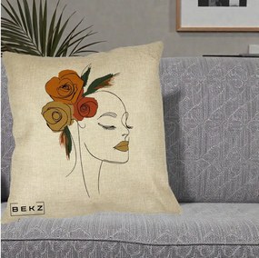 Perna Decorativa Portret Feminin Trandafiri Ruginii, 40x40 cm, Crem, Husa Detasabila, Perna Inclusa, BEKZ®