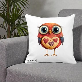 Perna Decorativa Bufnita Rosie cu Inimi Aurii, 40x40 cm, Alba Mata, Husa Detasabila, Perna Inclusa, BEKZ®