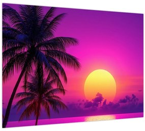 Tablou pe sticlă - Apus violet cu palmier (70x50 cm)