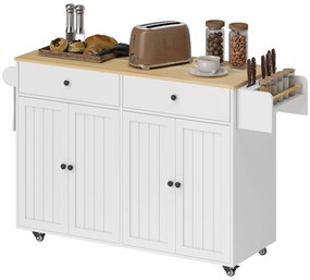 HOMCOM Insulă de bucătărie pe roți, 2 sertare, 2 dulapuri, mobilă, raft pentru condimente, suport prosop, suport pentru cuțite, MDF, Alb | Aosom Romania