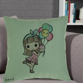 Perna Decorativa Fetita Kawaii cu Baloane si Cupcake, 40x40 cm, Verde, Husa Detasabila, Perna Inclusa, BEKZ®