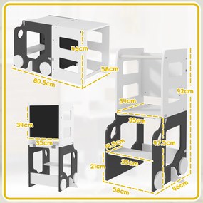 AIYAPLAY Scara Montessori 4 în 1 pentru Copii cu 2 Table și Set Masă și Scaun, din Lemn, 58x46x92 cm, Alb | Aosom Romania