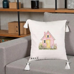 Perna Decorativa Casuta Roz Acuarela cu Gradina, 40x40 cm, Bej cu Franjuri, Husa Detasabila, Perna Inclusa, BEKZ®