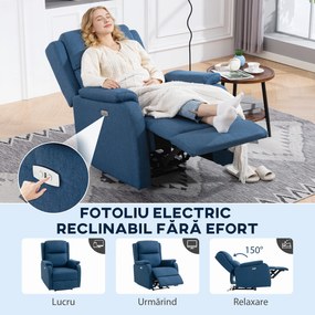 HOMCOM Fotoliu Relax Electric Reclinabil 150° cu Suport pentru Picioare și Port USB, Fotoliu Reclinabil Electric cu Cotiere Largi, Material cu Aspect de In, pentru Living, Dormitor, Albastru | Aosom Romania