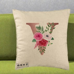 Cadou Personalizat - Perna Personalizata Monograma Rose Gold Litera V, 40x40 cm, Bej, Husa Detasabila, Perna Inclusa, BEKZ®