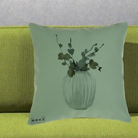 Perna Decorativa Vaza cu Eucalipt Watercolor, 40x40 cm, Verde, Husa Detasabila, Perna Inclusa, BEKZ®