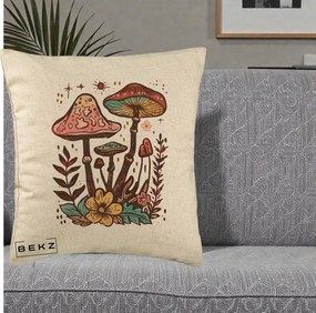 Perna Decorativa Ciuperci Boho Multicolore, 40x40 cm, Bej, Husa Detasabila, Perna Inclusa, BEKZ®
