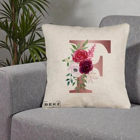 Cadou Personalizat - Perna Personalizata Monograma Rose Gold Litera F, 40x40 cm, Bej Canapea, Husa Detasabila, Perna Inclusa, BEKZ®