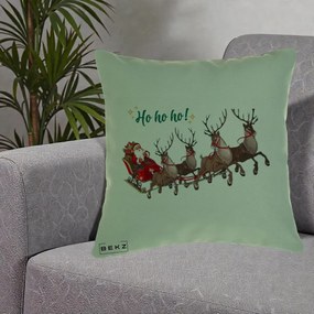 Perna Decorativa Ho Ho Ho Mos Craciun cu Sanie si Reni, 40x40 cm, Verde, Husa Detasabila, Perna Inclusa, BEKZ®