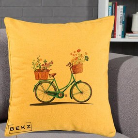 Perna Decorativa Bicicleta Florala Turcoaz Acuarela, 40x40 cm, Galben, Husa Detasabila, Perna Inclusa, BEKZ®