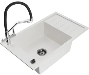 Mexen Elias chiuvetă de granit cu un compartiment, cu picurător și baterie de bucătărie Duo, Albă - 6511-20-671701-07-B