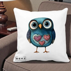 Perna Decorativa Bufnita Teal cu Doua Inimi, 40x40 cm, Alba Mata, Husa Detasabila, Perna Inclusa, BEKZ®