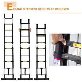 DURHAND Scară Telescopică Pliabilă cu 10 Trepte, Scară Extensibilă din Aluminiu și Metal, 320x67x7 cm, Neagră | Aosom Romania