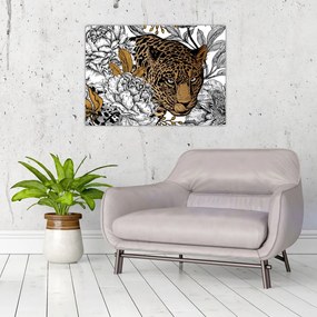 Tablou pe sticlă - Leopard între flori (70x50 cm)