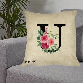 Cadou Personalizat - Perna Personalizata Monograma Florala Litera U, 40x40 cm, Crem, Husa Detasabila, Perna Inclusa, BEKZ®